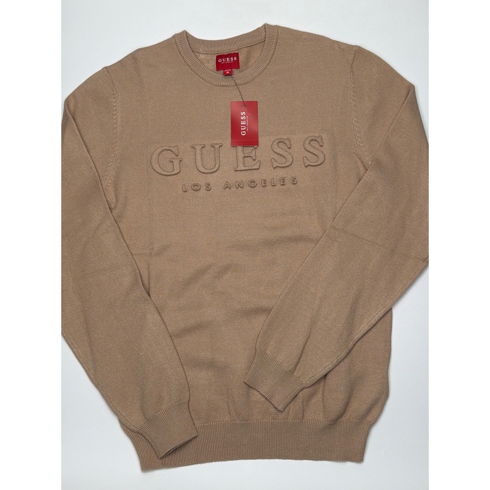 NWT GUESS Mens Sweatshirt Crew Neck Long‎ Sleeve Textured Logo Beige Casual  M